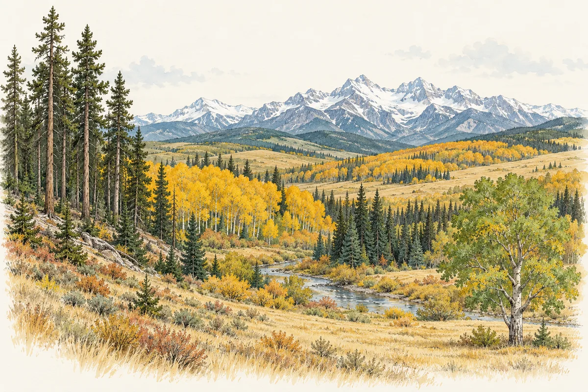 Illustration of the Alberta foothills: lodgepole pine, golden aspen parkland, white spruce and the Rockies behind
