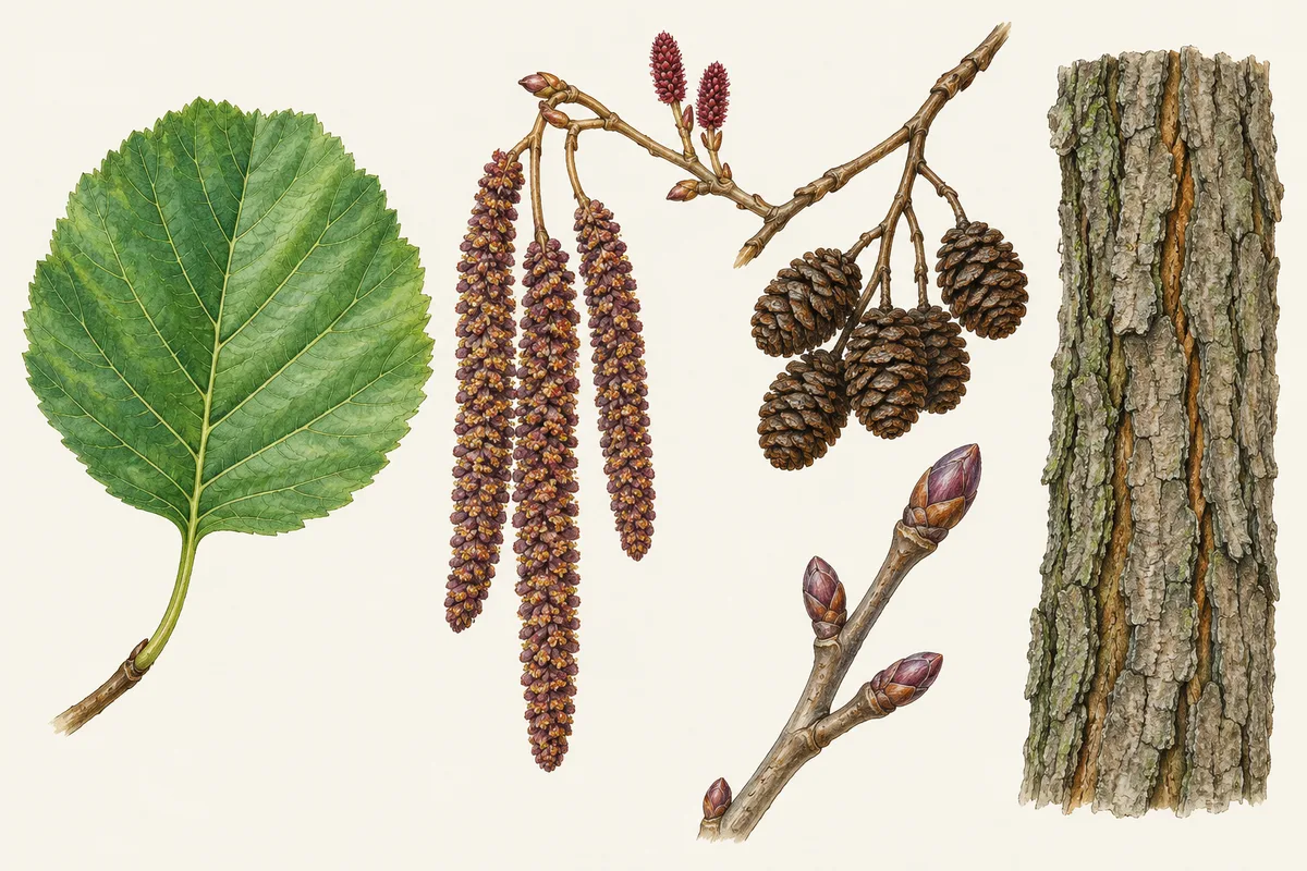 Illustration of an alder leaf with a blunt tip, small woody cones, catkins, stalked buds and bark