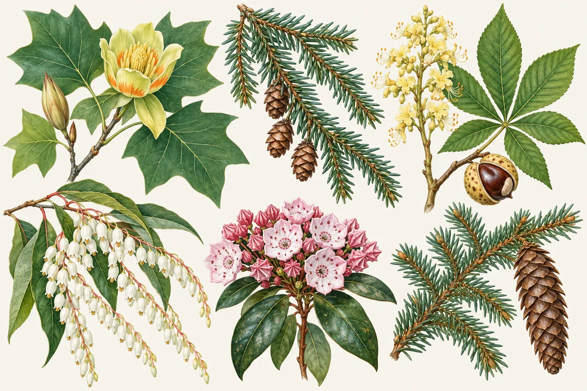 Illustration of Appalachian trees: a tulip tree flower and leaf, red spruce cones, buckeye flowers and nut, sourwood flower sprays, pink mountain laurel and a hemlock branch with its cone
