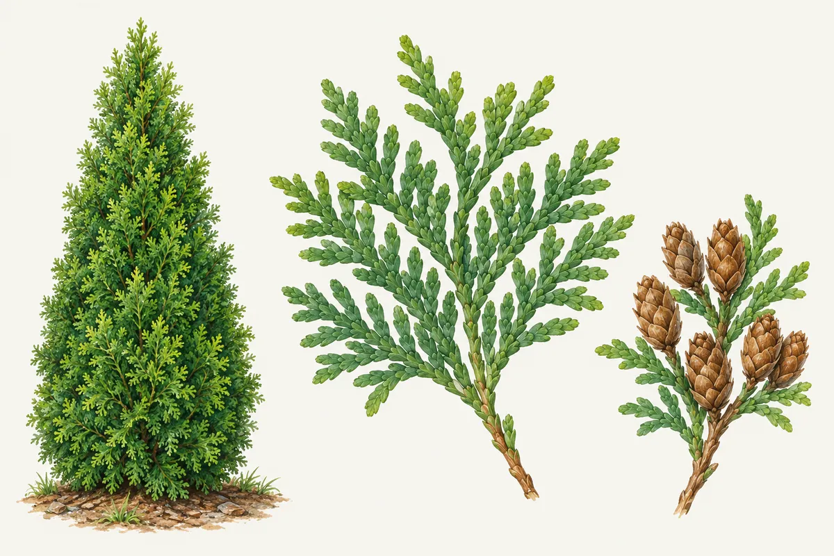 Illustration of a narrow conical Emerald Green arborvitae, a flat spray of scale-like foliage and a twig with small upright oblong cones
