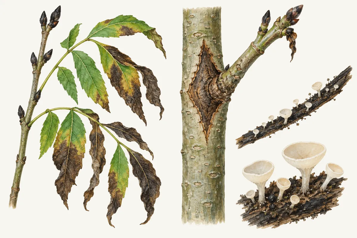 Illustration of ash dieback: an ash twig with black buds and wilting, blackened leaflets, a diamond-shaped bark lesion around a side shoot and tiny white fungal cups on a fallen leaf stalk