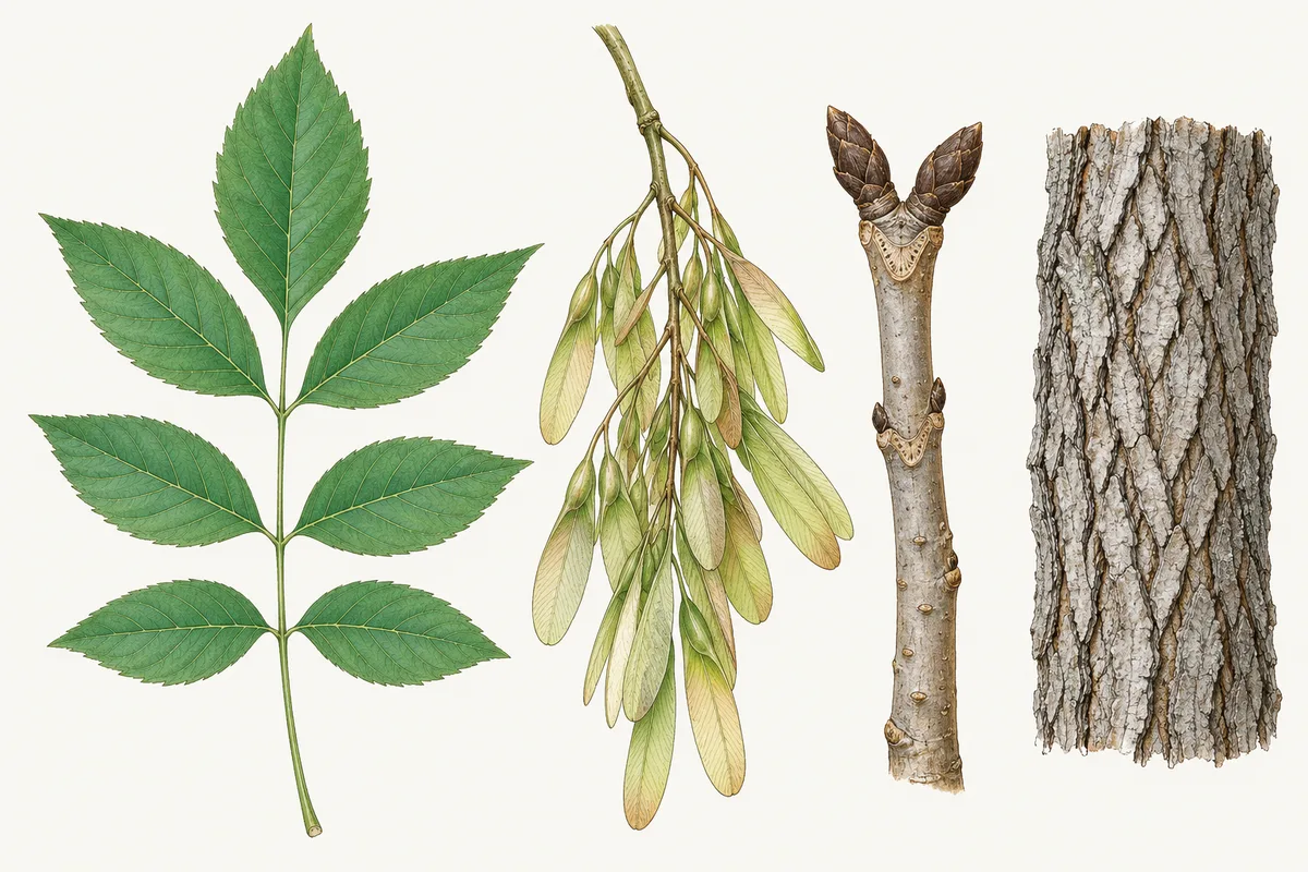 Illustration of a white ash compound leaf, a cluster of winged seeds, a twig with opposite buds and diamond-ridged bark