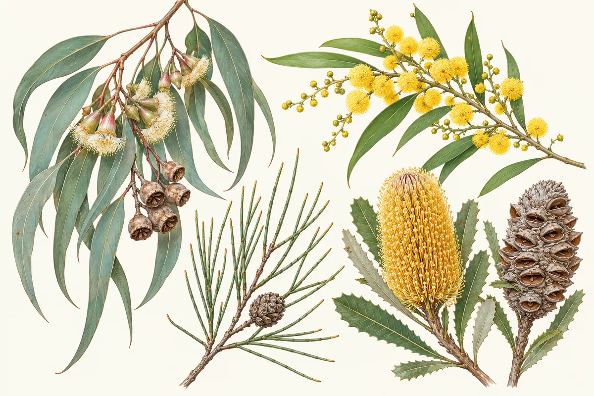 Illustration of a eucalypt twig with buds and gumnuts, a golden wattle sprig with yellow flower balls, a jointed she-oak branchlet with a small cone, a yellow banksia spike and an old banksia cone