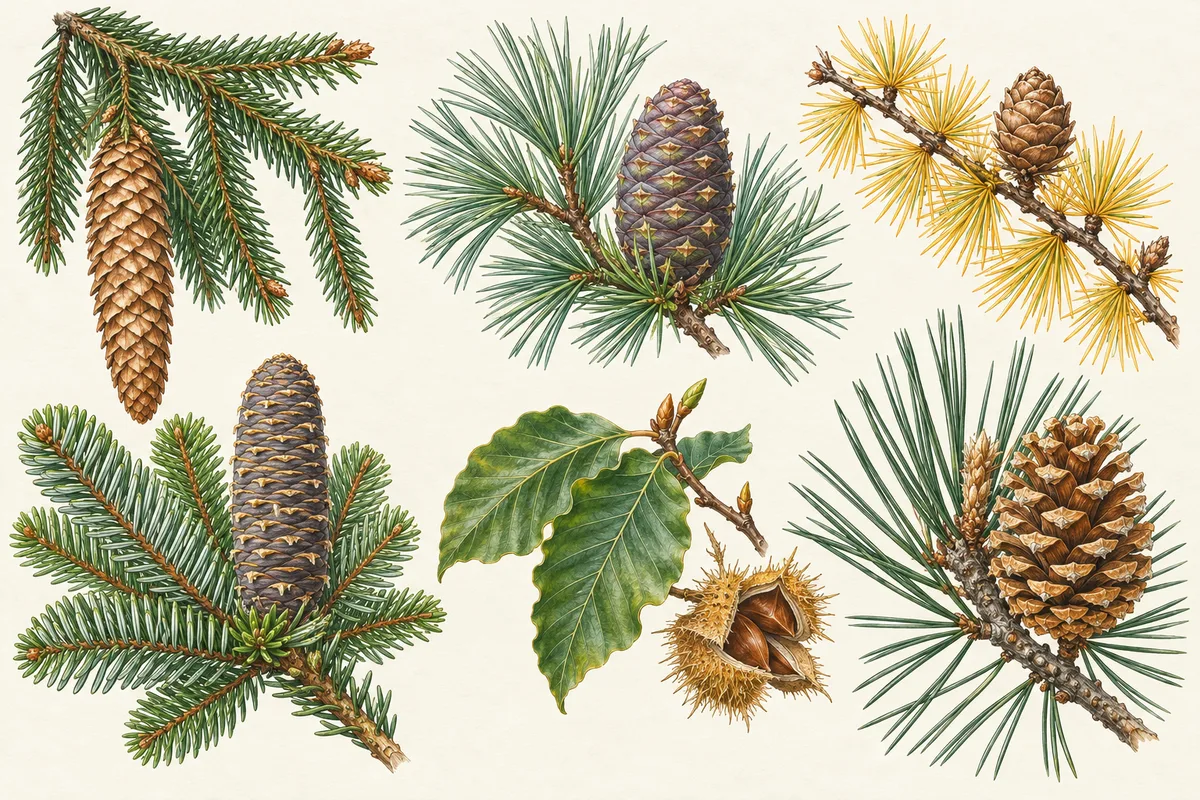 Illustration österreichischer Baumarten: Fichte, Zirbe, Lärche, Tanne, Buche und Schwarzföhre