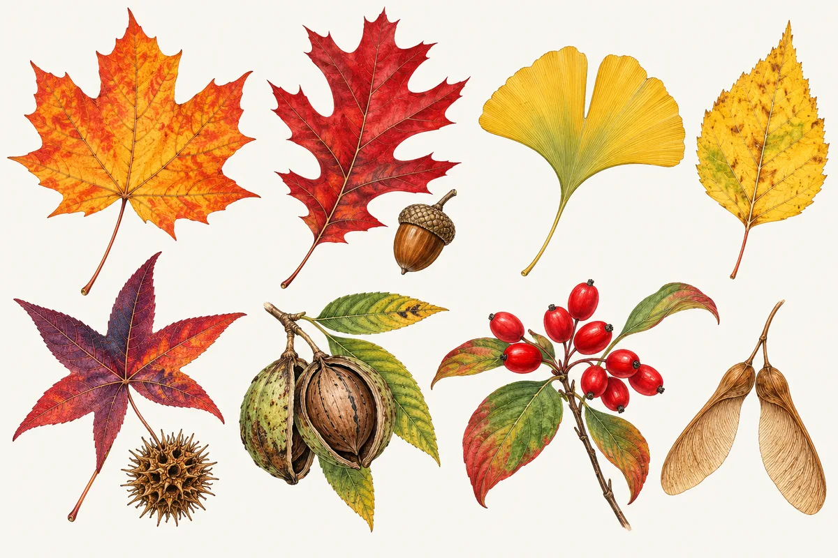Illustration of autumn leaves for identification: orange maple, red oak, yellow ginkgo, yellow birch, purple sweetgum with its seed ball, a hickory nut, red dogwood berries and maple seeds