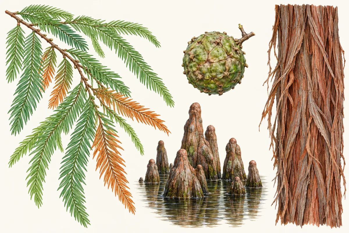 Illustration of bald cypress sprigs in green and rusty orange, a round cone, knees rising from the water and fibrous bark