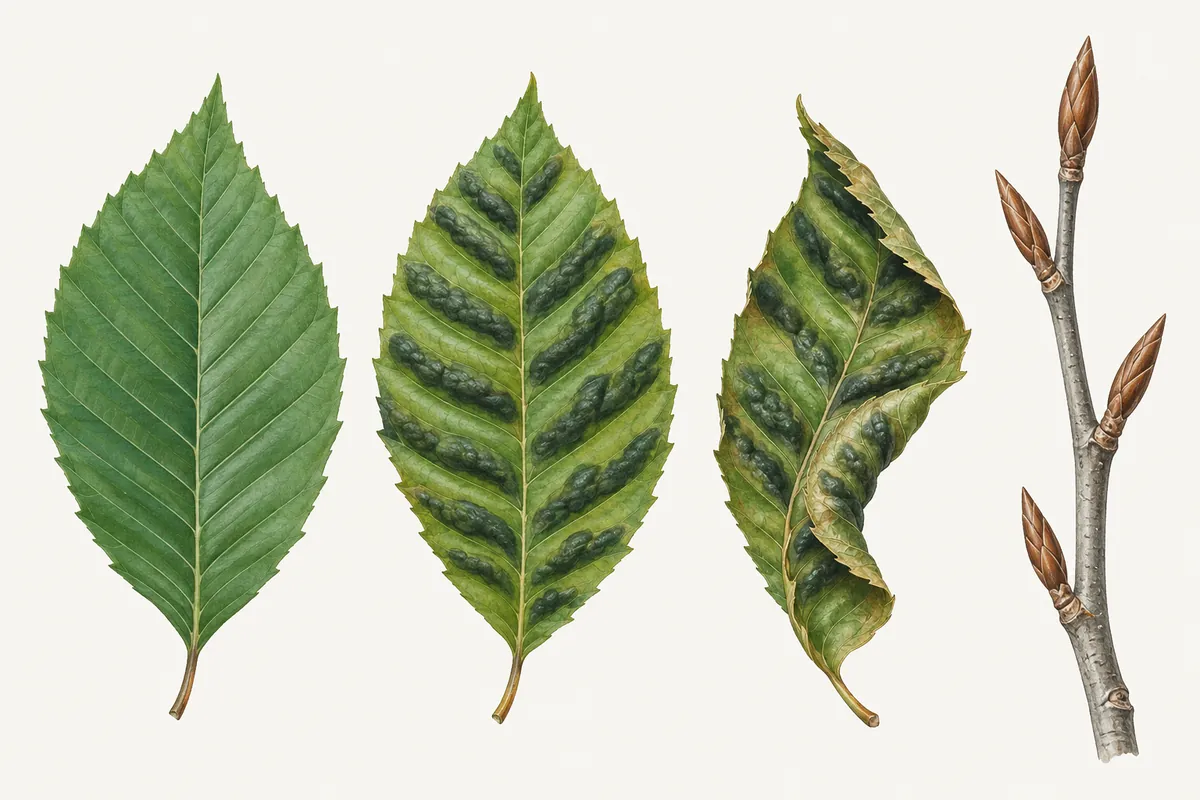 Illustration of three American beech leaves, one healthy and two with dark raised bands between the veins, one of them curled and leathery, beside a beech twig with long pointed buds
