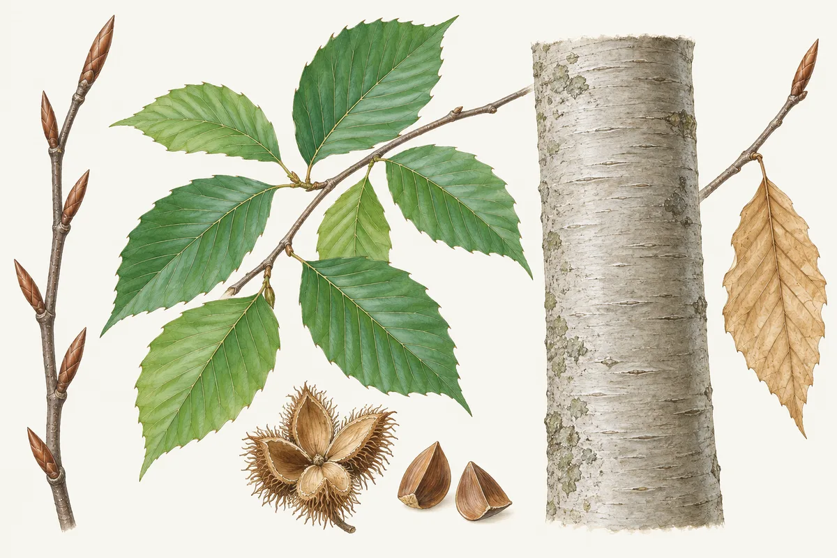 Illustration of American beech: cigar-shaped buds, toothed leaves, a spiny husk with beechnuts, smooth grey bark and a dry winter leaf