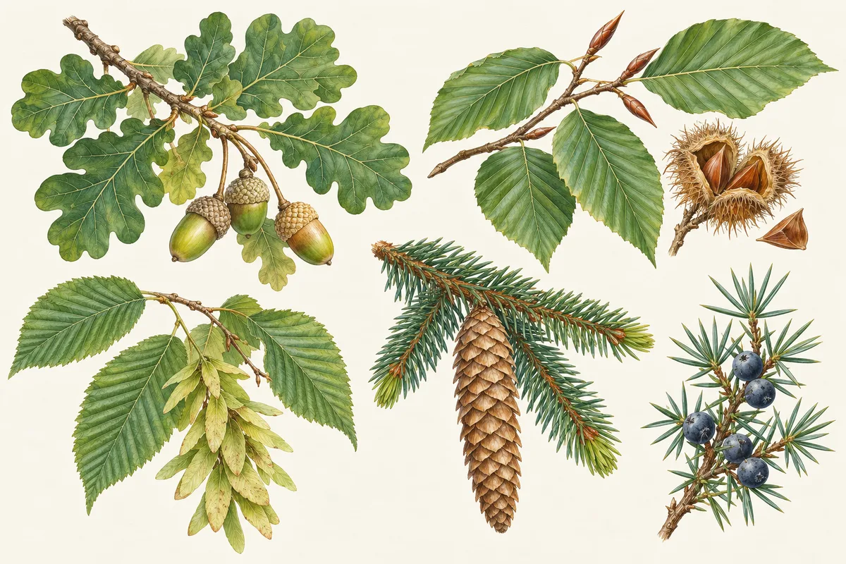 Illustration d'un rameau de chêne pédonculé à glands, d'un rameau de hêtre à bourgeons pointus et faînes, d'un charme à fruits ailés, d'une branche d'épicéa à cône pendant et d'un brin de genévrier à baies bleu noir