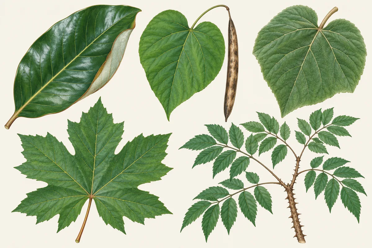 Illustration of big tree leaves: a glossy magnolia leaf, a heart-shaped catalpa leaf with a bean pod, a broad heart-shaped leaf, a large maple-like leaf and a compound leaf