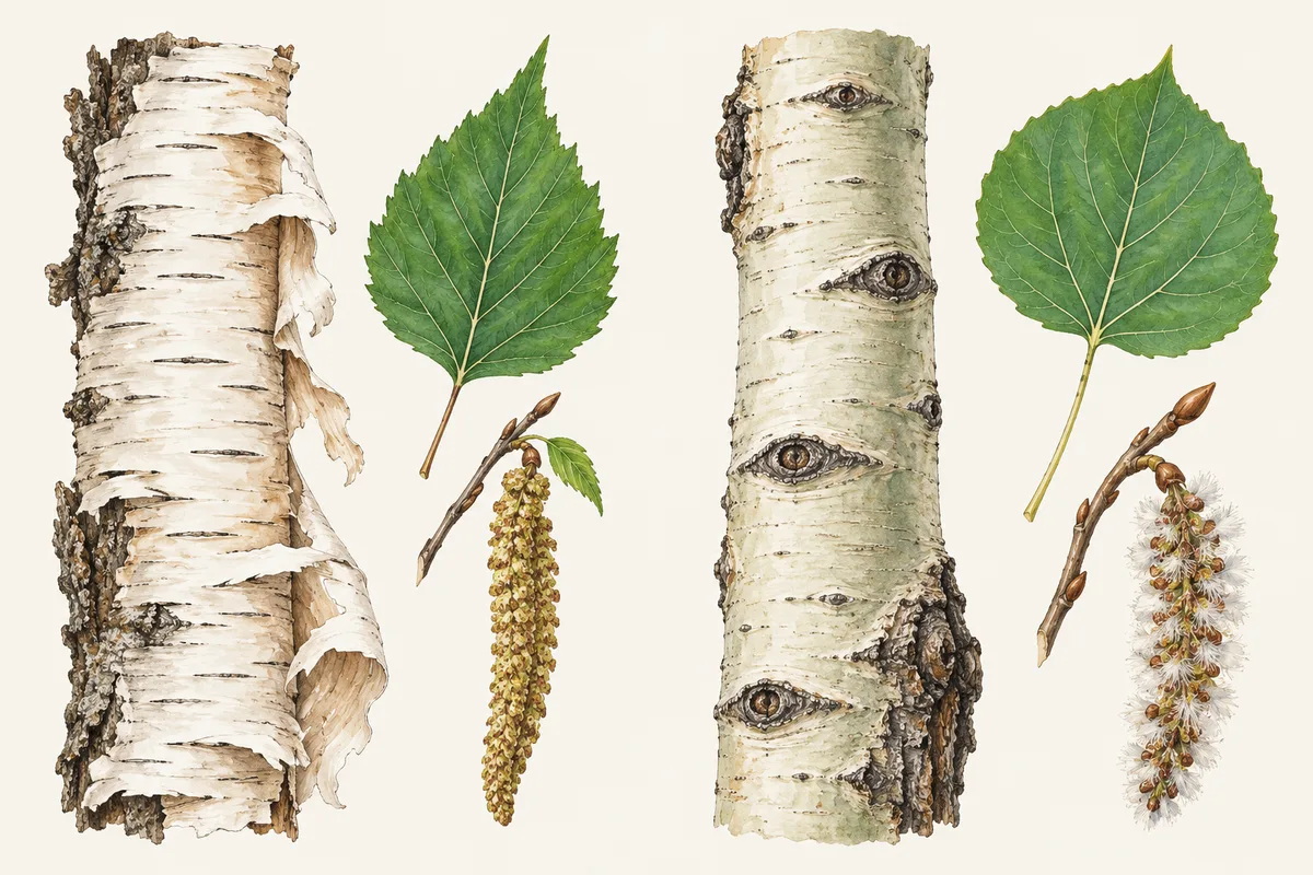 Illustration of peeling white birch bark with a birch leaf and catkin beside smooth aspen bark with dark eye marks, a round aspen leaf and a fluffy catkin