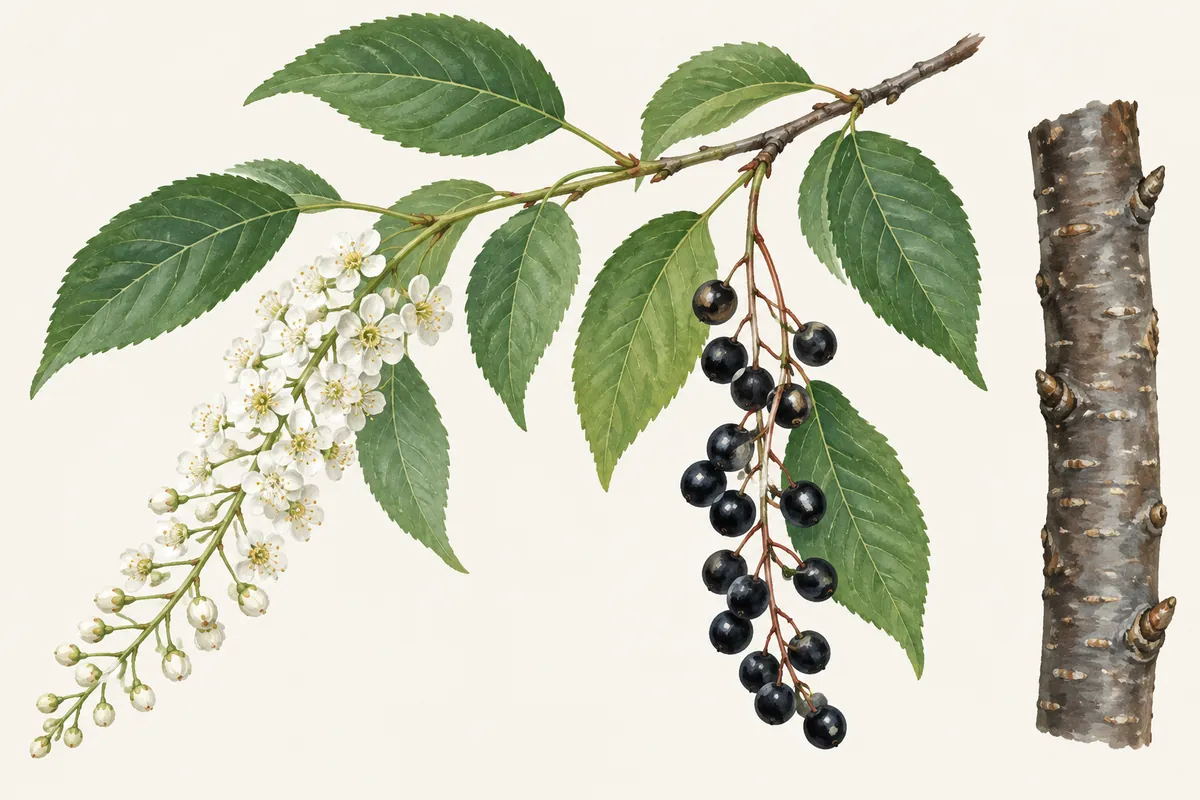 Illustration einer Traubenkirsche: Zweig mit gesägten, ovalen Blättern, eine hängende Traube kleiner weißer Blüten, eine Traube glänzend schwarzer Früchte und ein Stück graubraune Rinde mit hellen Korkporen