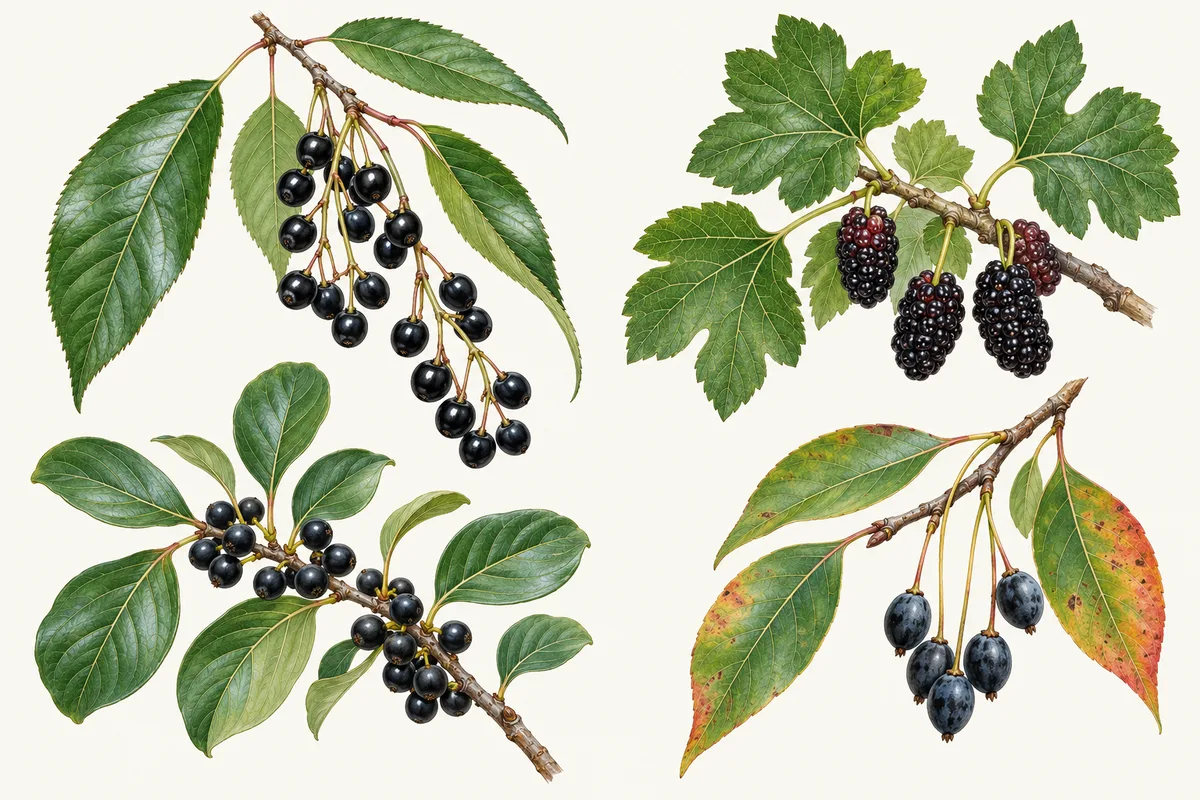 Illustration of black tree berries: a hanging cherry cluster, mulberries, small glossy black berries and dark fruits on long stalks