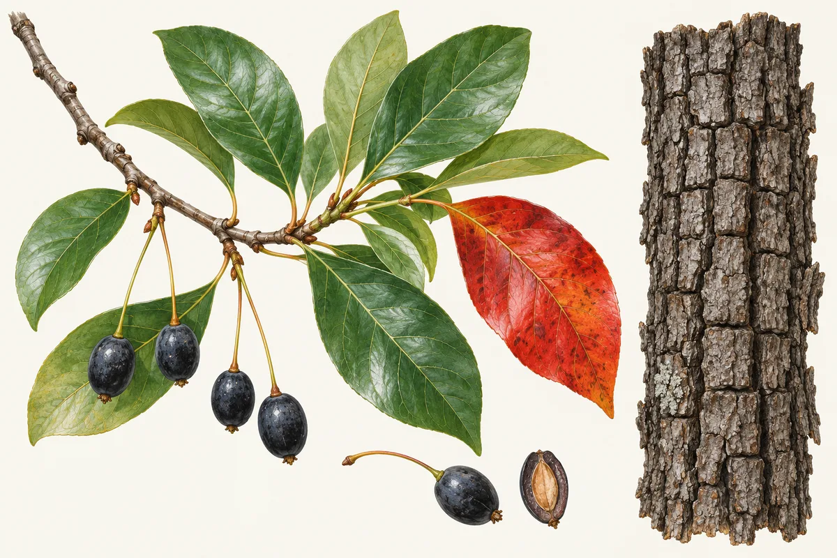 Illustration of a black gum twig with glossy oval leaves, one turned red, dark blue fruits on long stalks and blocky bark