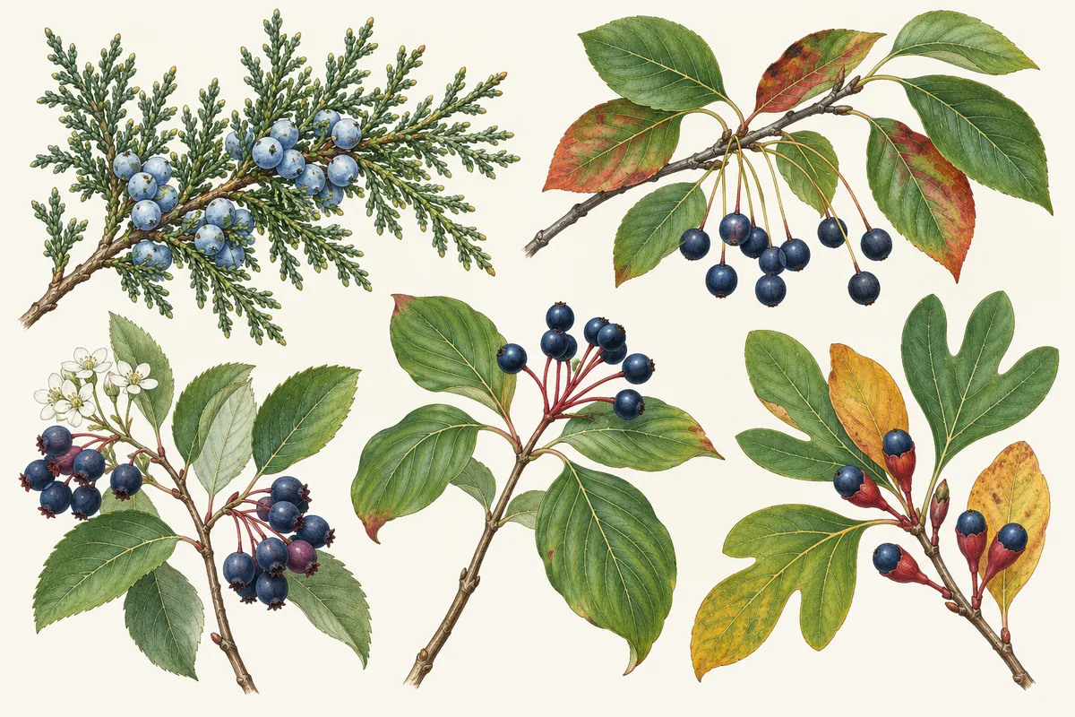 Illustration of trees with blue and blue-black berries: a juniper sprig with frosted blue cones and four broadleaf branches carrying clusters of dark blue fruit