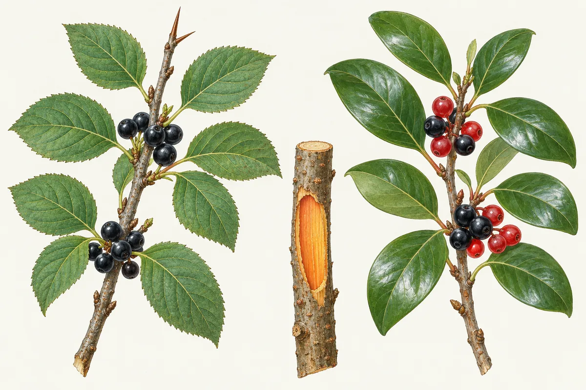 Illustration of buckthorns: common buckthorn leaves and black berries on a twig ending in a thorn, a cut stem showing orange inner bark, and glossy buckthorn with berries ripening from red to black