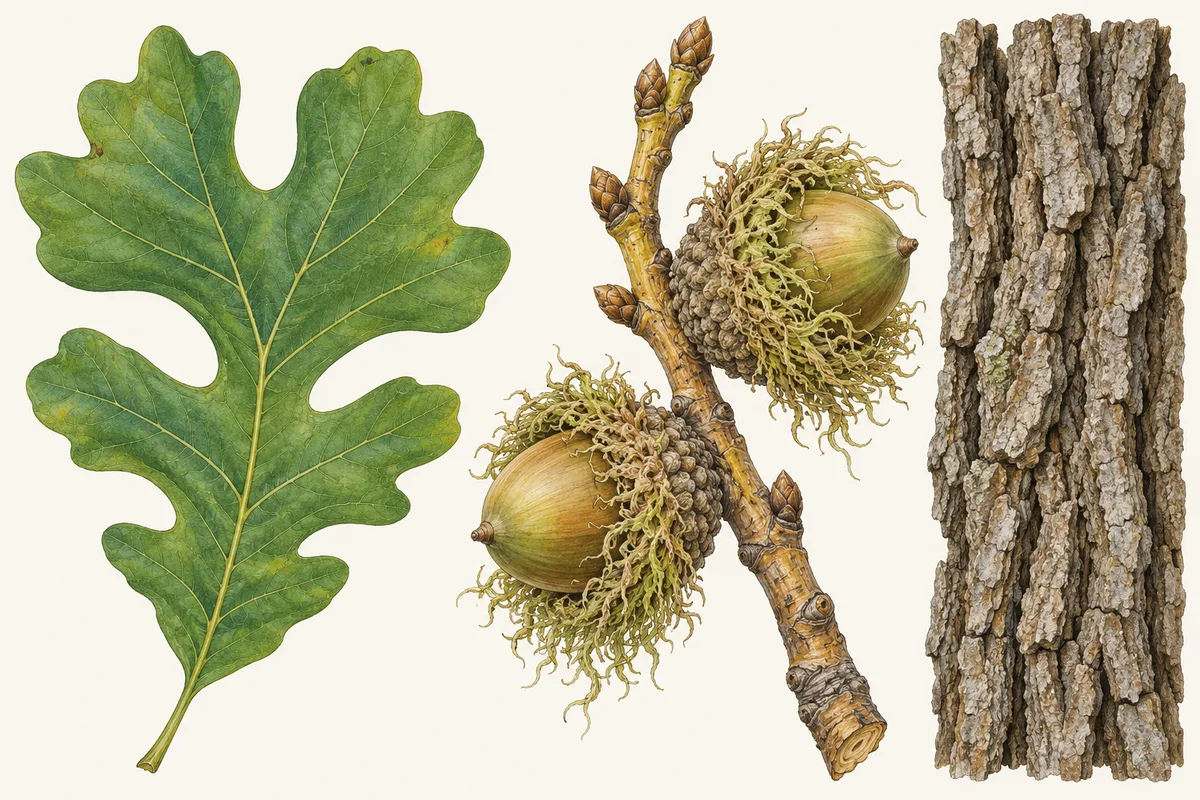 Illustration of a bur oak leaf with a deep waist, acorns in fringed cups on a corky twig and furrowed bark
