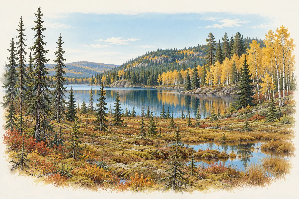 Illustration of the boreal forest: black spruce in a bog, aspen and birch in gold, jack pine and balsam fir by a lake