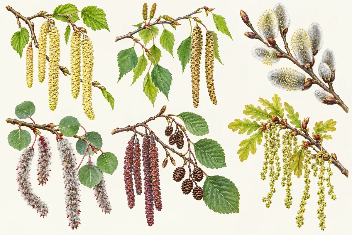 Illustration of catkins: long yellow hazel and birch catkins, soft grey willow catkins, purple alder catkins with small cones, and green oak catkins