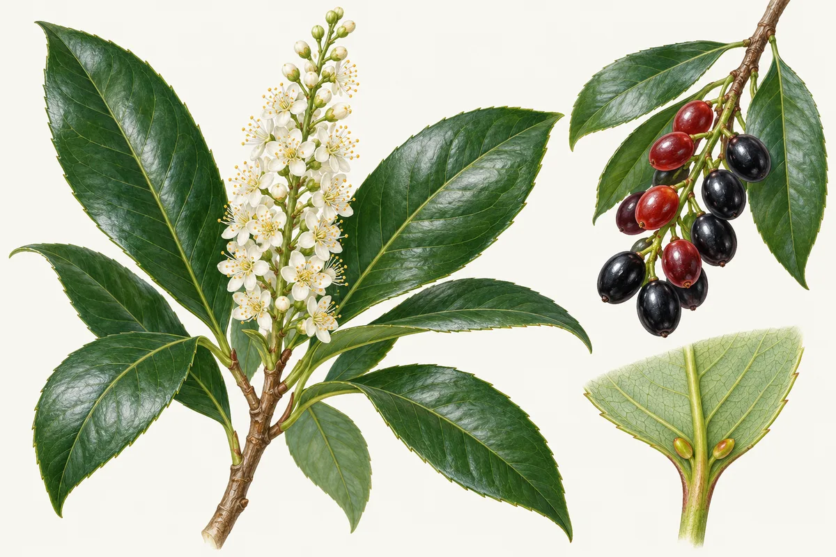 Illustration of cherry laurel: glossy evergreen leaves, an upright spike of small white flowers, cherries ripening from red to black, and a leaf base showing its small glands