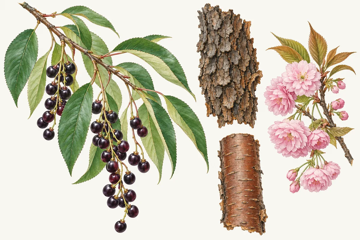 Illustration of a black cherry twig with hanging dark fruit, old scaly bark, young bark with lenticels and pink ornamental cherry blossoms