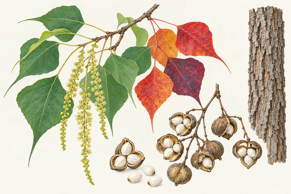 Illustration of Chinese tallow: diamond-shaped leaves in green, orange, red and purple, long drooping flower spikes, capsules opening on white waxy seeds and ridged bark