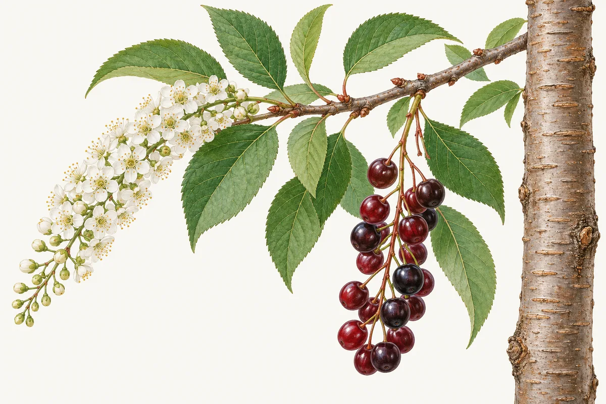 Illustration of chokecherry: a cylinder of small white flowers, a hanging cluster of dark red to black cherries among finely toothed leaves, and smooth bark with pale lenticels