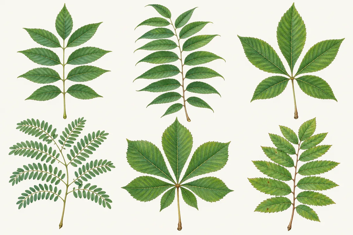 Illustration of compound leaves compared: pinnate leaves with paired leaflets, a twice-divided feathery leaf, and palmate leaves with leaflets spreading from one point