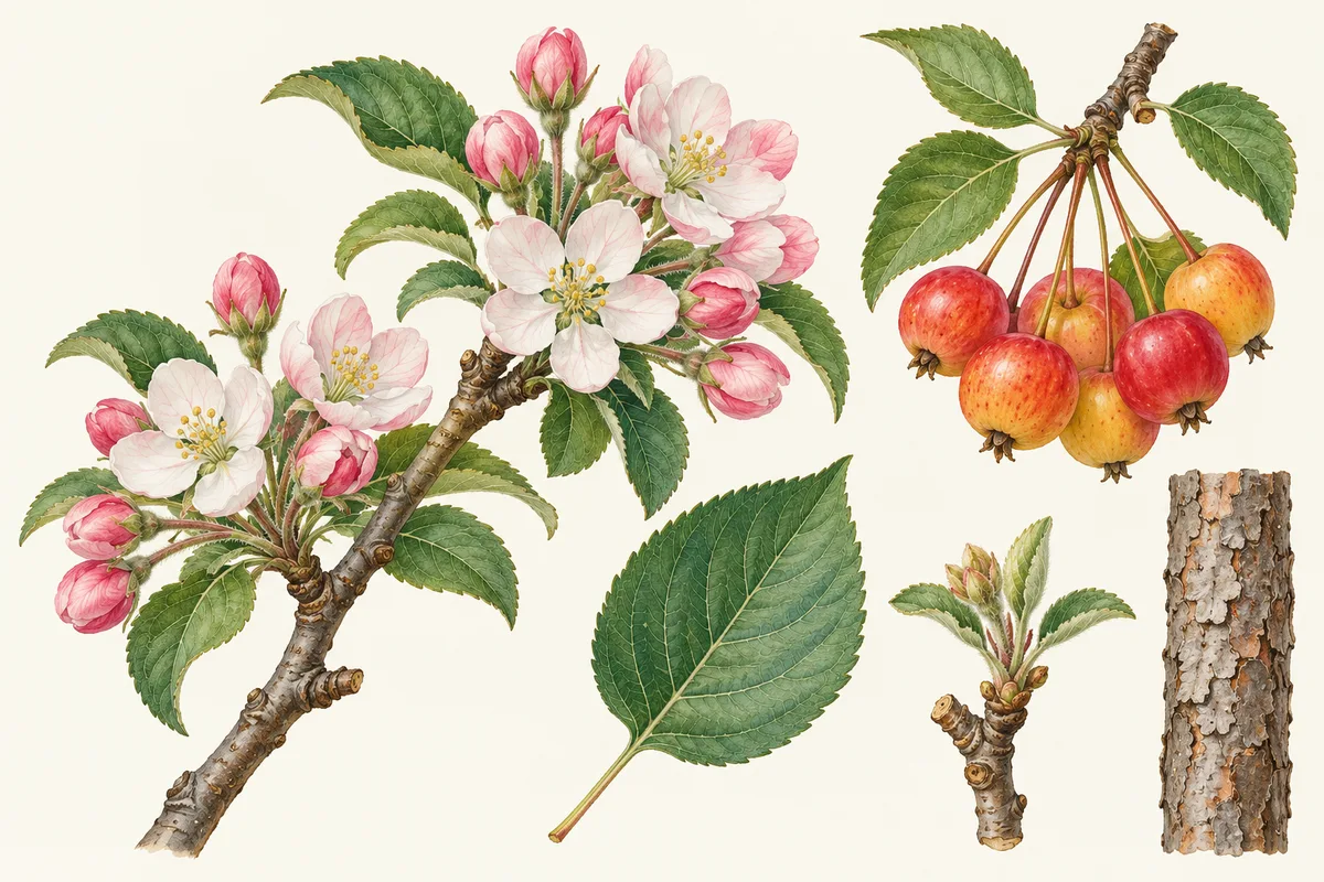 Illustration of crabapple blossom in pink and white, a leaf, small red and yellow crabapples on long stalks, a spur shoot and bark