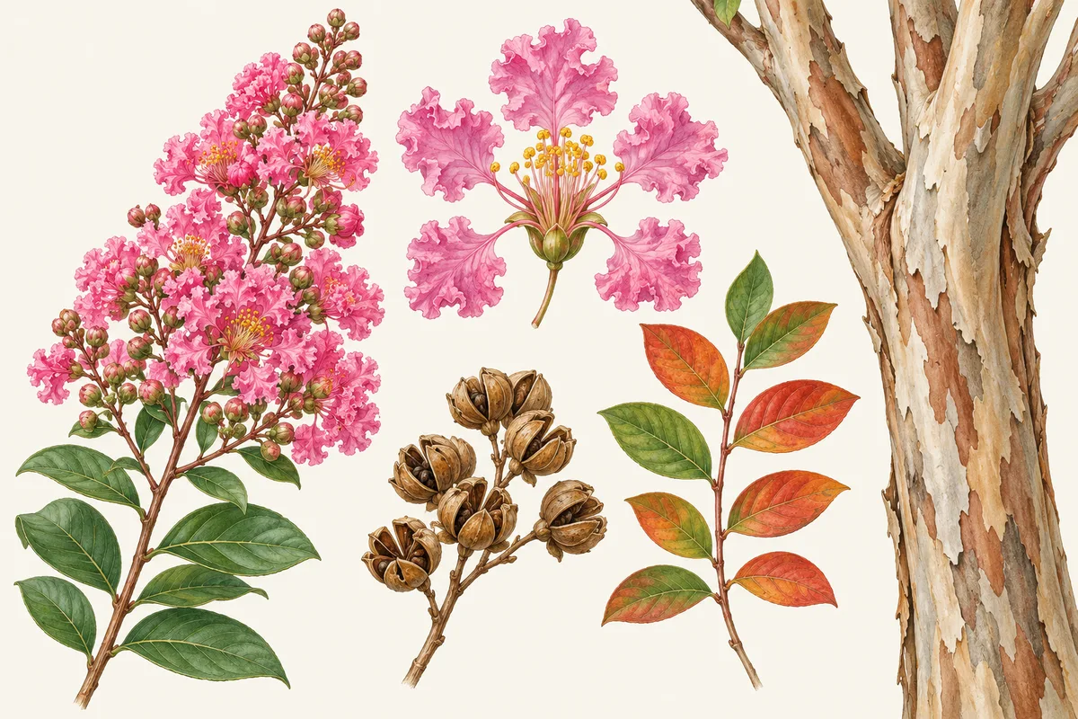 Illustration of crape myrtle with pink flower clusters, a single crinkled flower, seed capsules, autumn leaves and mottled peeling bark