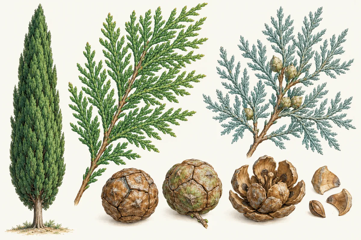 Illustration of cypress: a narrow Italian cypress, sprays of green and blue-grey scale leaves, and round woody cones shown closed and split open