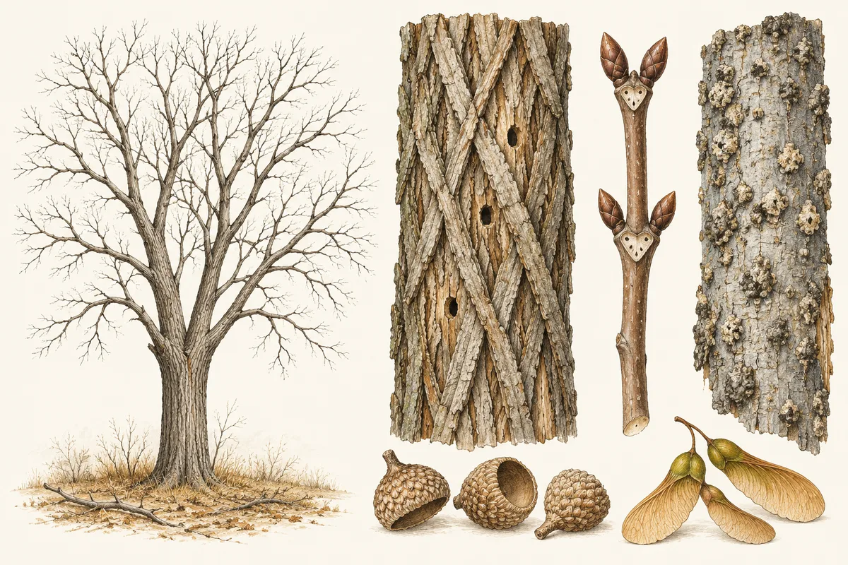 Illustration of a bare tree in winter beside strips of bark, a budding twig, acorns and maple keys