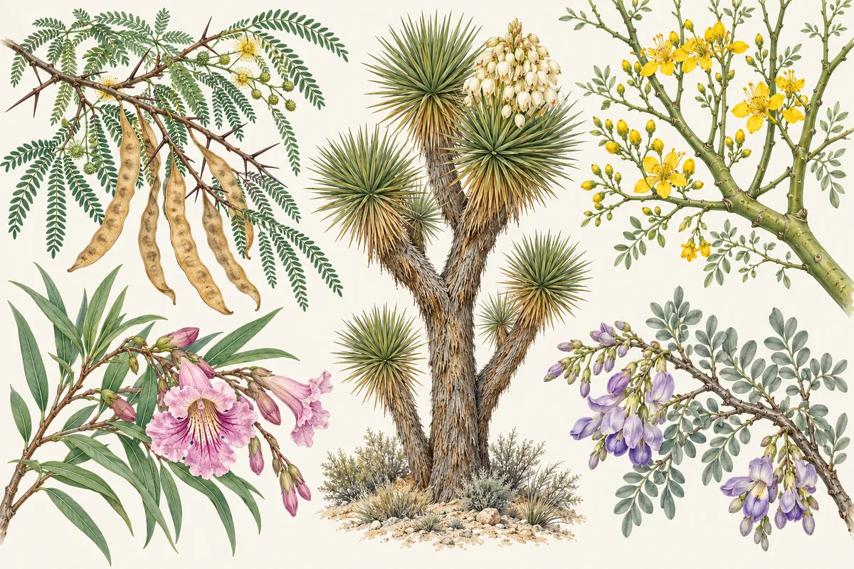 Illustration of desert trees: a Joshua tree, mesquite leaves and pods, yellow palo verde flowers, a pink desert willow flower and purple ironwood flowers