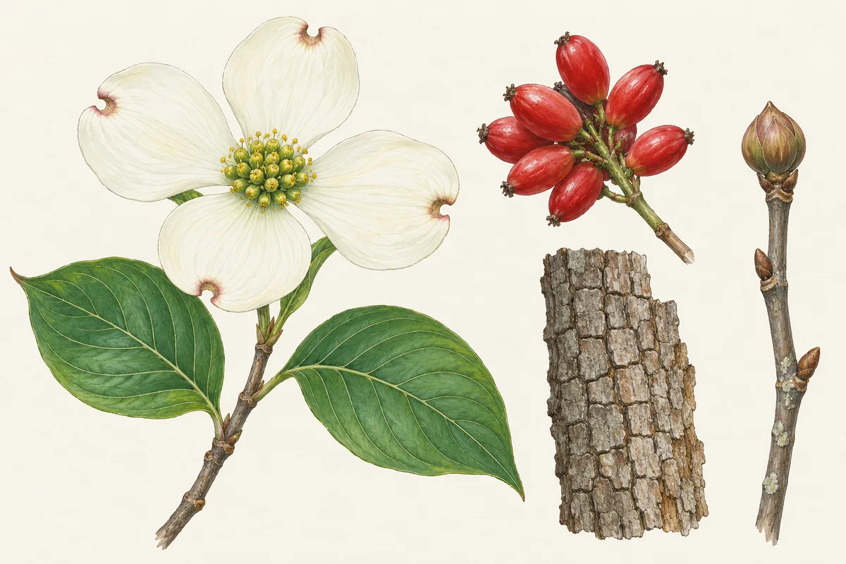 Illustration of flowering dogwood: four notched white bracts, curved leaf veins, red fruit, blocky bark and a winter flower bud
