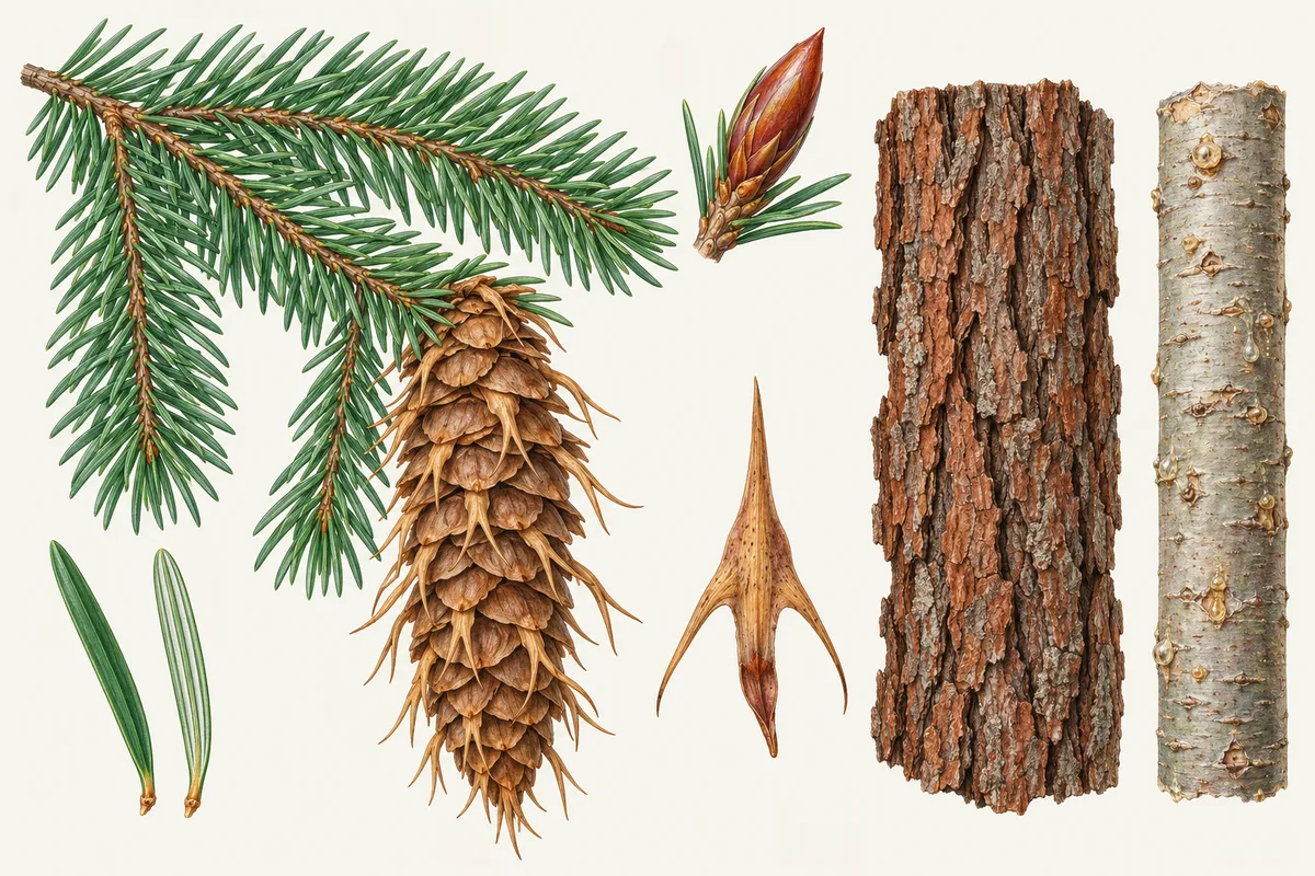 Illustration d'un rameau de douglas aux aiguilles souples, d'un bourgeon pointu brun rouge, d'un cône pendant aux bractées à trois pointes, d'une bractée agrandie et de deux écorces, épaisse et crevassée ou lisse et grise