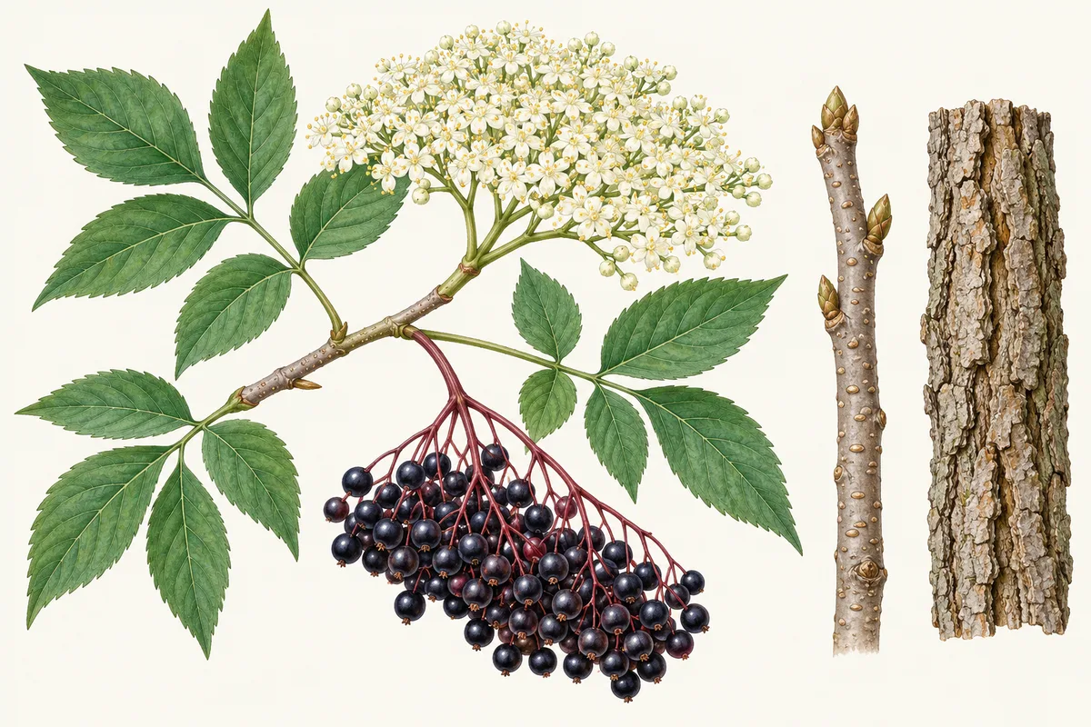 Illustration of an elder branch with compound leaves, a flat cluster of cream flowers, hanging black berries, a twig and furrowed bark