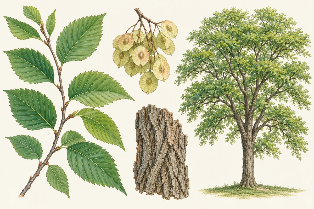 Illustration of an American elm twig with doubly toothed leaves, round papery seeds, ridged bark and a vase-shaped tree