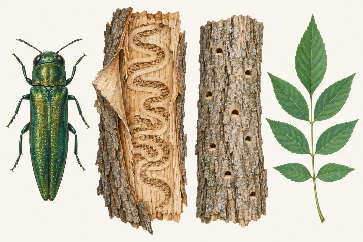 Illustration of an emerald ash borer beetle, S-shaped larval galleries under peeled ash bark, small D-shaped exit holes in the bark and an ash leaf with opposite leaflets
