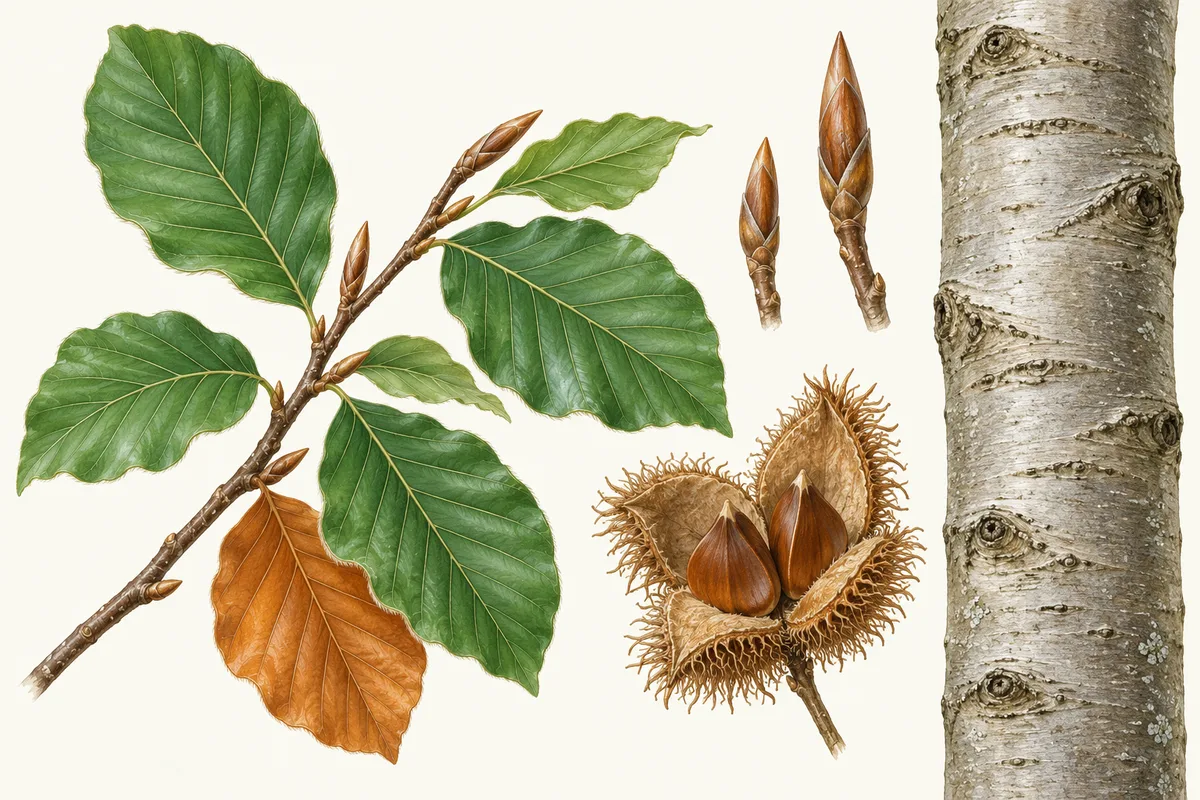 Illustration d'un rameau de hêtre aux feuilles ondulées, d'une feuille d'automne, de longs bourgeons pointus, d'une cupule épineuse ouverte sur deux faînes et d'un tronc gris lisse