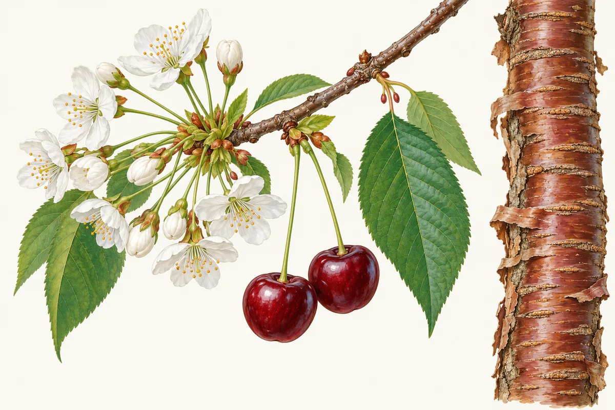 Illustration d'un rameau de merisier aux fleurs blanches, de deux cerises rouges à longue queue, d'une feuille dentée et d'une écorce brun rouge luisante qui se détache en bandes