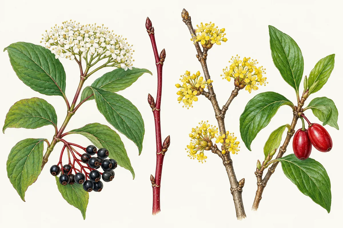 Illustration des cornouillers d'Europe : rameau de cornouiller sanguin aux feuilles opposées, ombelle de fleurs blanches, baies noires et rameau d'hiver rouge sang, à côté du cornouiller mâle aux petites fleurs jaunes et aux fruits rouges allongés
