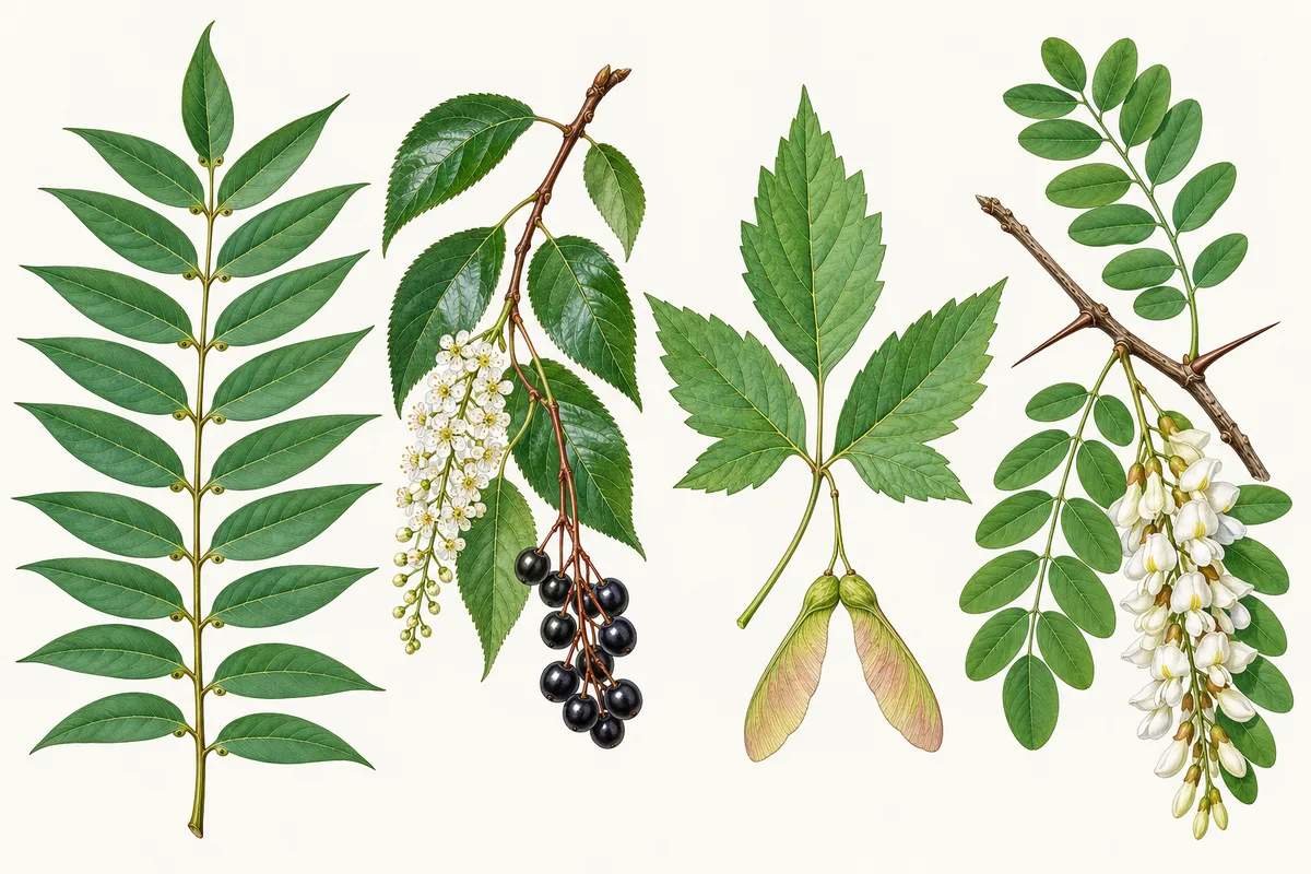 Illustration vier invasiver Baumarten: gefiedertes Götterbaum-Blatt mit glattrandigen Fiederblättchen und Drüsenzähnchen am Grund, Späte Traubenkirsche mit weißer Blütentraube und schwarzen Früchten, Eschenahorn-Blatt mit Flügelfrüchten und Robinienzweig mit Dornenpaar und weißen Blüten