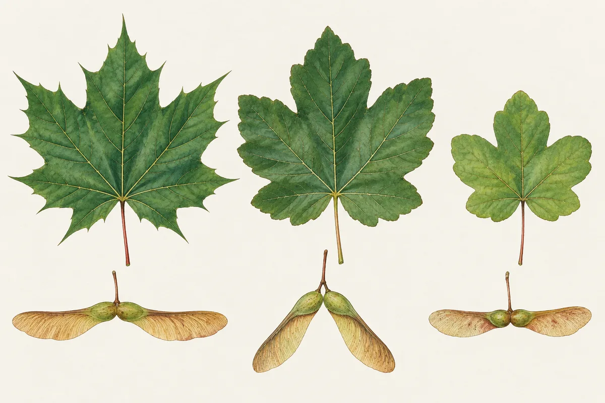 Illustration des feuilles et des samares de l'érable plane, de l'érable sycomore et de l'érable champêtre