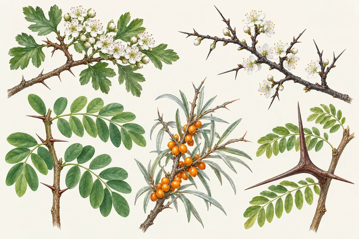 Illustration von Weißdorn mit Blüten, Schlehe mit Dornen, einem Robinienzweig mit Stachelpaaren, Sanddorn mit orangen Beeren und dem verzweigten Dorn der Gleditschie
