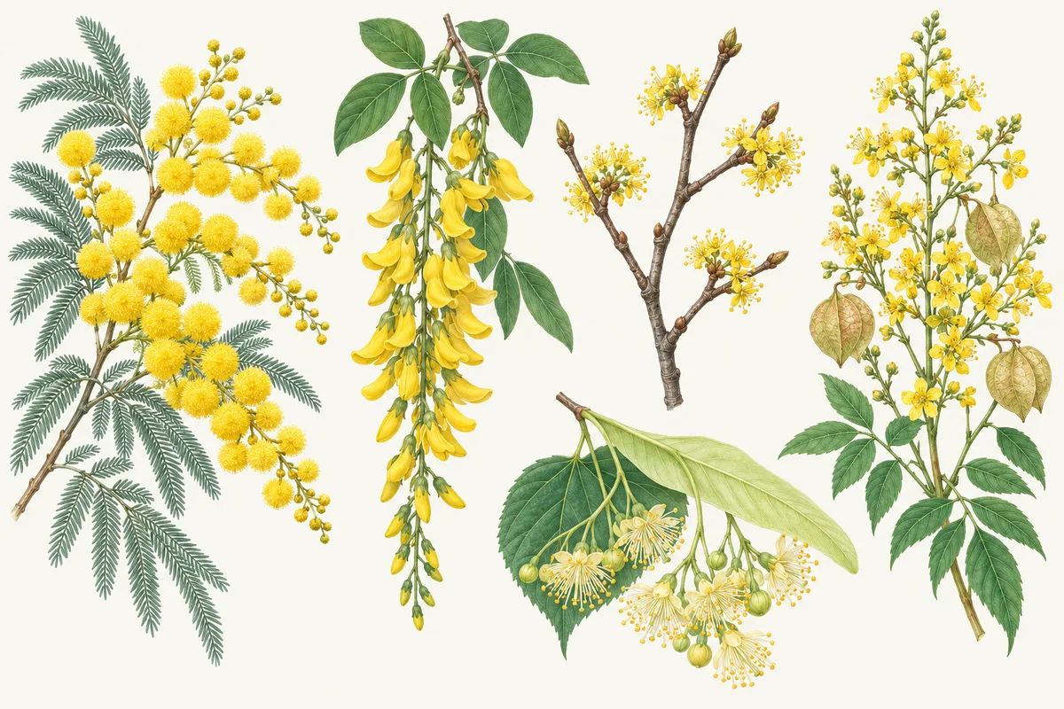 Illustration d'un rameau de mimosa aux boules jaunes, d'une grappe pendante de cytise, d'un rameau nu de cornouiller mâle en fleurs, d'une panicule de savonnier aux capsules en lanterne et de fleurs de tilleul sous leur bractée