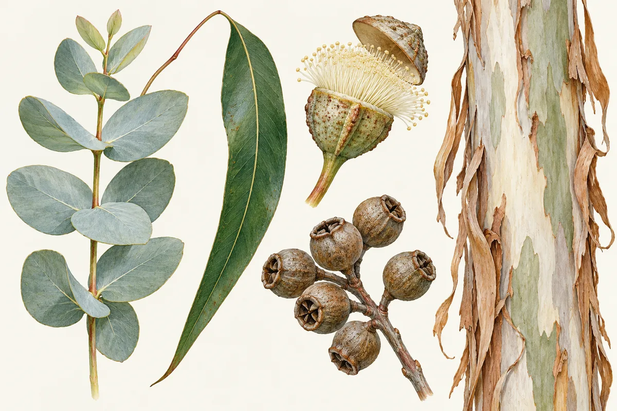 Illustration of round blue-grey juvenile eucalyptus leaves beside a long sickle-shaped adult leaf, a bud with its cap lifting, a cluster of gumnuts and bark peeling in ribbons