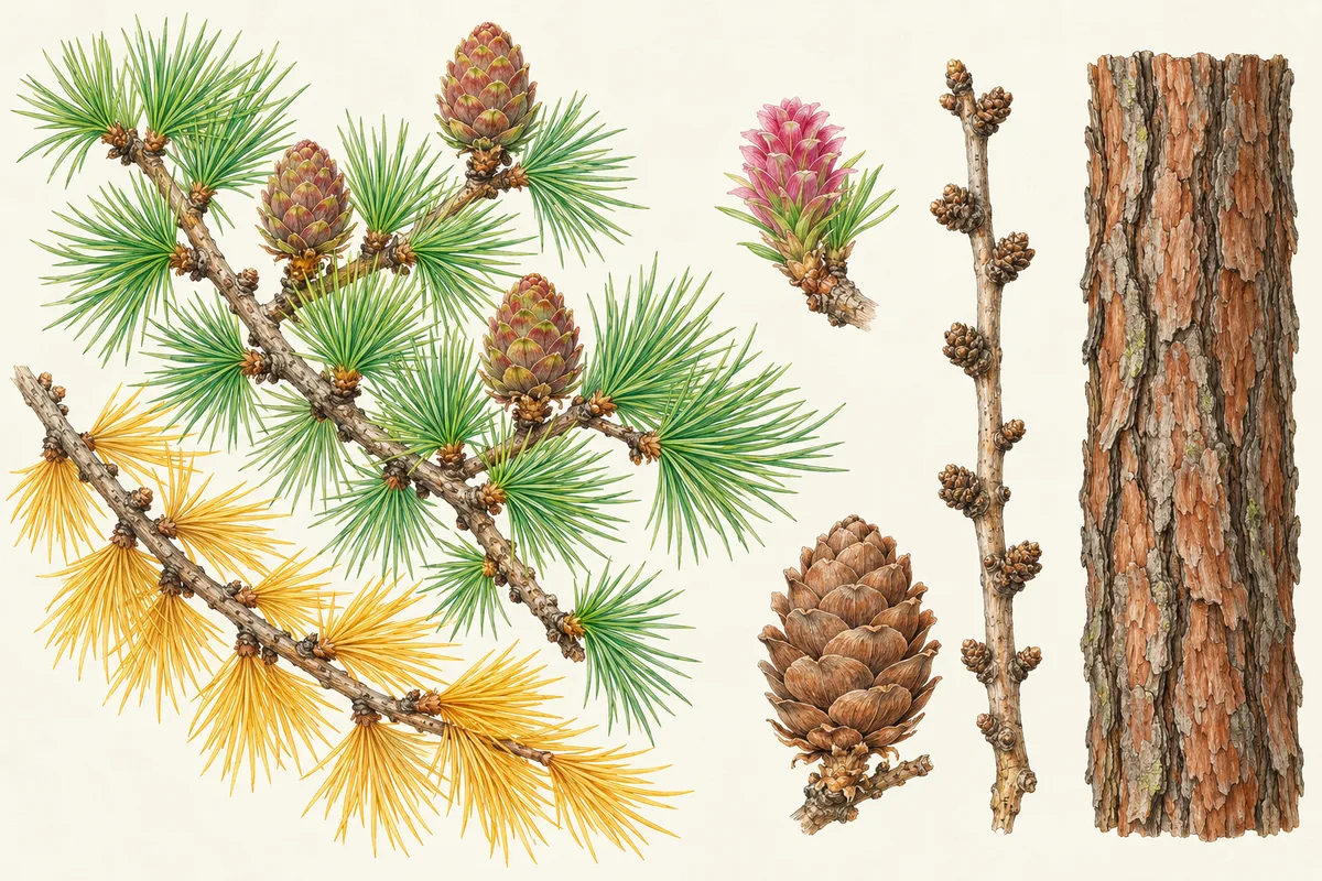 Illustration der Europäischen Lärche: Nadelbüschel, goldene Herbstnadeln, kleine Zapfen, Lärchenrose und Rinde