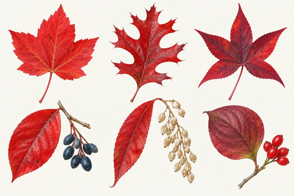 Illustration of red fall leaves of red maple, scarlet oak, sweetgum, black tupelo, sourwood and flowering dogwood