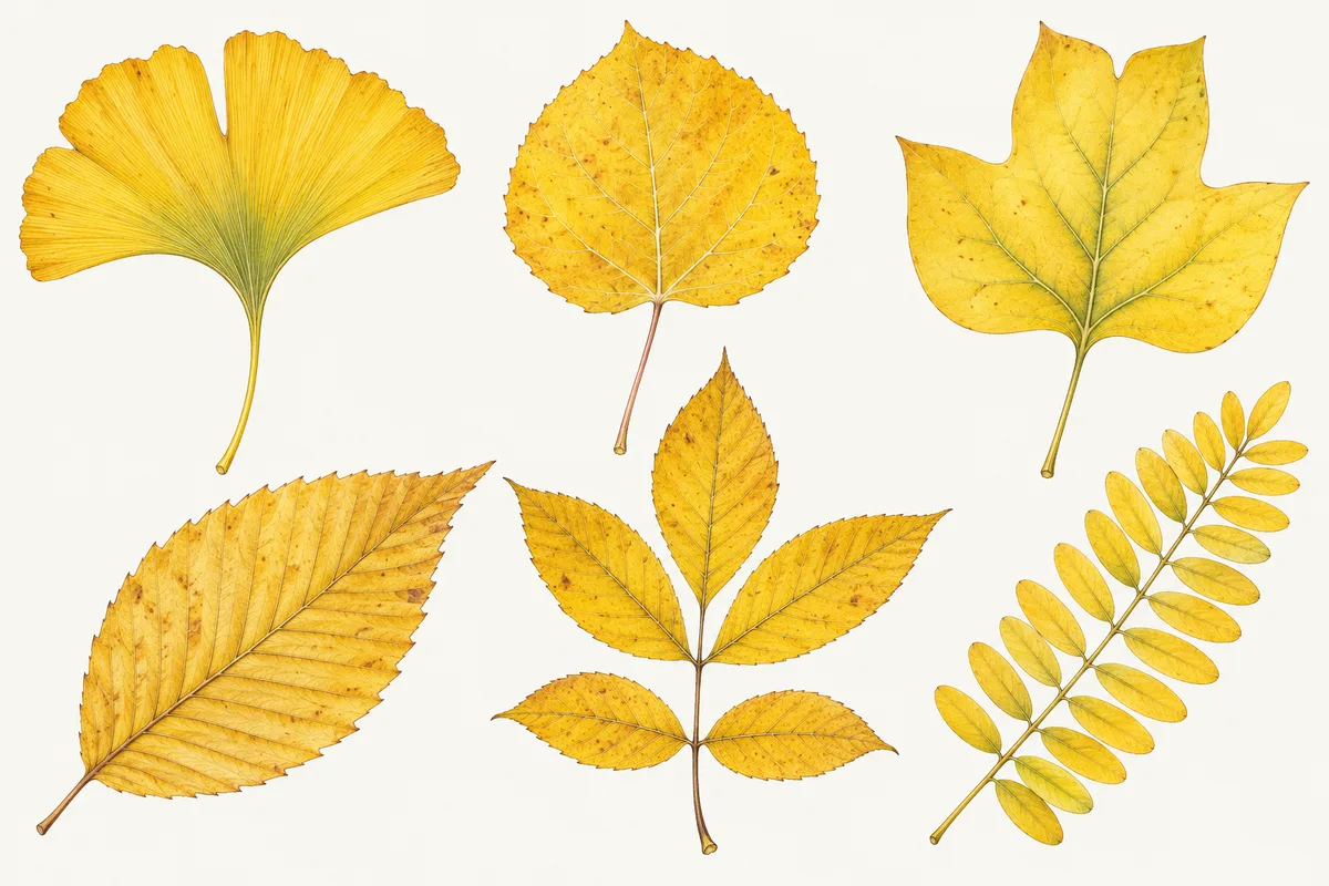Illustration of yellow fall leaves of ginkgo, quaking aspen, tulip tree, American beech, shagbark hickory and honey locust