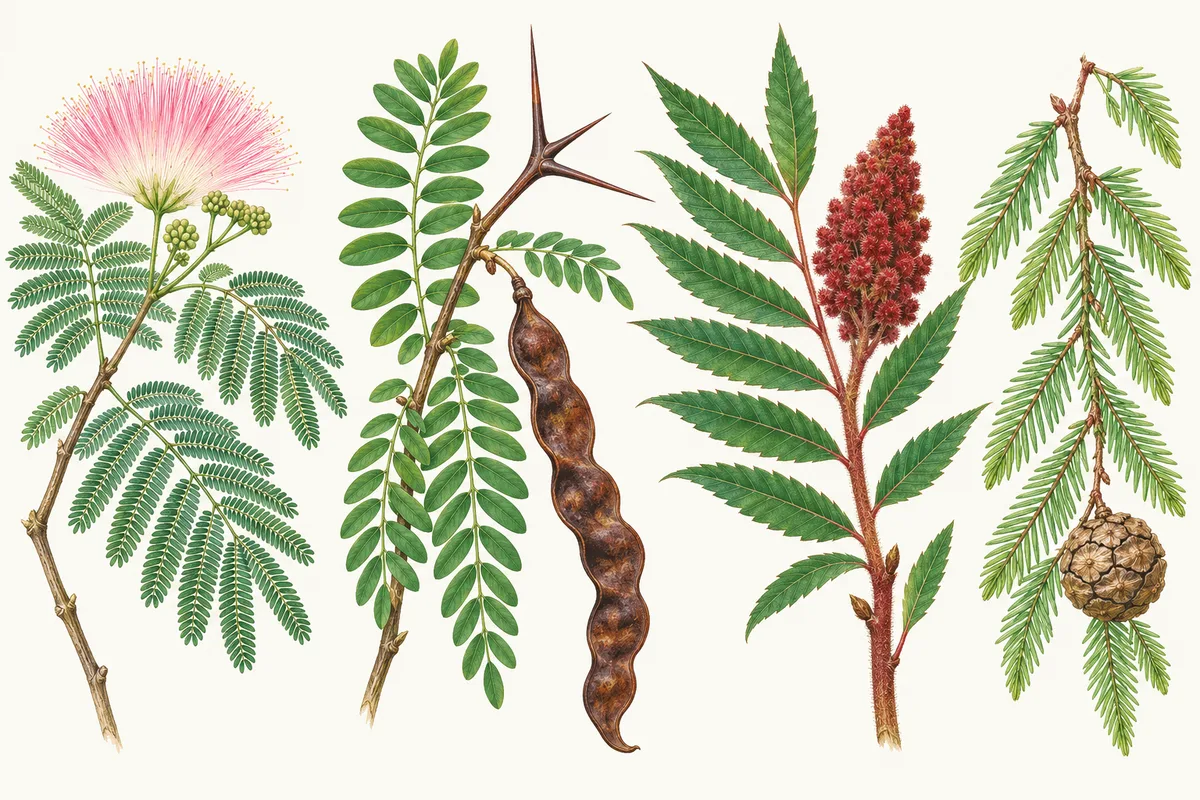 Illustration of fern-like tree leaves: a mimosa sprig with a pink flower, a thorny honey locust twig with a pod, a sumac leaf with a red fruit cluster and a feathery sprig with a round cone